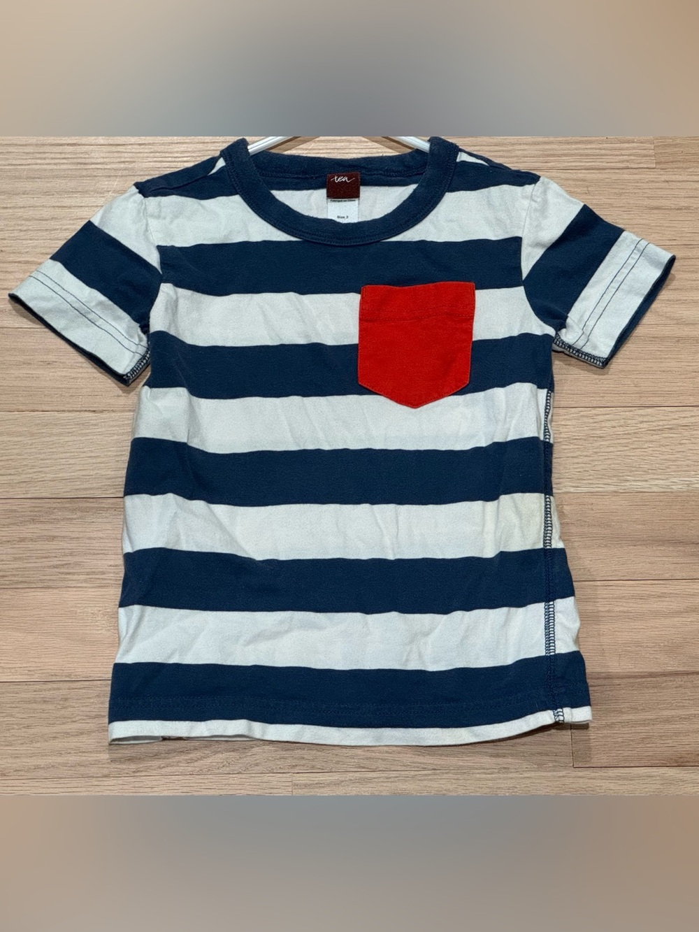 Tea Blue White Striped Kids Tee with Red Pocket Top 3